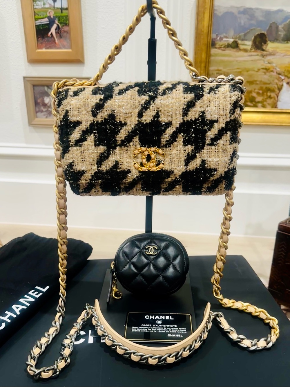 Chanel 19 Beige and Black Houndstooth Tweed WOC Wallet On Chain w/Coin Pouch